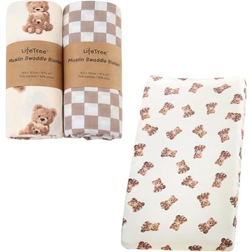 LifeTree Muslin Swaddle Blankets, 47 * 47 inches and Muslin Changing Pad Cover 16 * 32 inches, 70% Viscose from Bamboo and 30% Cotton, Bear and Checkered