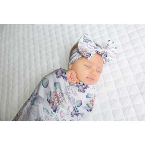 PERSONALIZED GIRL DRAGON Swaddle Blanket, Purple Dragon Castle Fairytale Swaddle, Custom Girl Swaddle Hat Headband, Dragon Baby Girl Gift