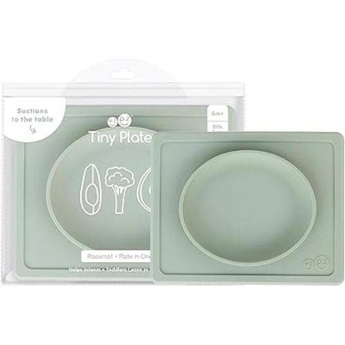 ezpz Tiny Plate - 6 Months+ (Sage) - Silicone Suction Plate for Baby with Built-in Placemat - Baby Led Weaning Supplies - Infant Plate That Fits on Most Highchair Trays