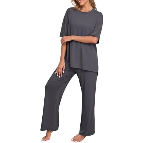 PrinStory Womens Pajamas Sets 2 Piece Lounge Set Short Sleeve Tops and Long Pants Soft Pjs Loungewear with Pockets