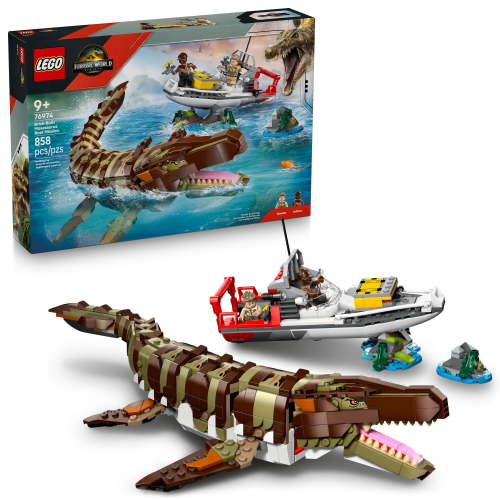 LEGO Jurassic World Brick-Built Mosasaurus Boat Mission Dinosaur Toy for Kids, Boys, and Girls, 9+ - Poseable Dinosaur plus LeClerc and Atwater Minifigures - Gift Idea for Young Movie Fans - 76974