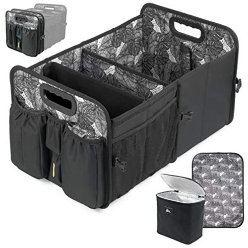 Car Trunk Organizer with Cooler Lid - Front Back Seat Belt | Bottle, Wipes Plastic Bag Pocket |Baby Diaper Caddy Organizer Changing Pad Station | SUV Backseat Car Organizer Kids Babies Storage Basket