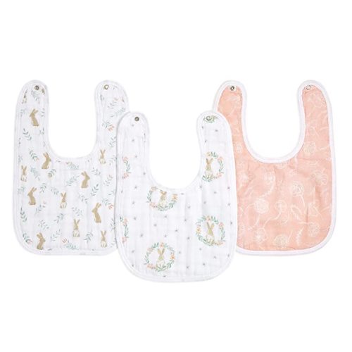 Essentials Baby Bibs Soft & Absorbent 100% Muslin Cotton Adjustable Snap Bibs Set for Boys and Girls, 3 Pack, Blushing Bunnies