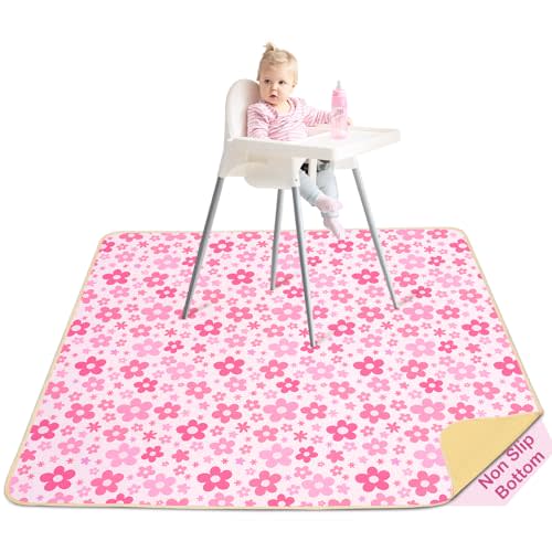 Basumee Splat Mat High Chair Mat Waterproof Baby Play Splat Mat for Under High Chair Food Catcher Highchair Mat for Floor Non Slip Bottom, Pink Flowers, 46x42 Inches