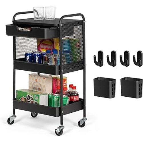 3-Tier Rolling Cart with Drawer, Metal Utility Storage Cart Organizer with Lockable Wheels&Hanging Cups&Hooks, Mobile Storage Craft Carts Trolley with Mesh Shelves for Kitchen, Office-Black