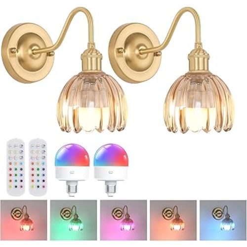 Vintage Battery Operated Wall Sconce Set of 2, 5000mAh Rechargeable Wall Light, Indoor Battery Powered Wall Lamp for Bedside Bedroom Living Room, Tulip Amber