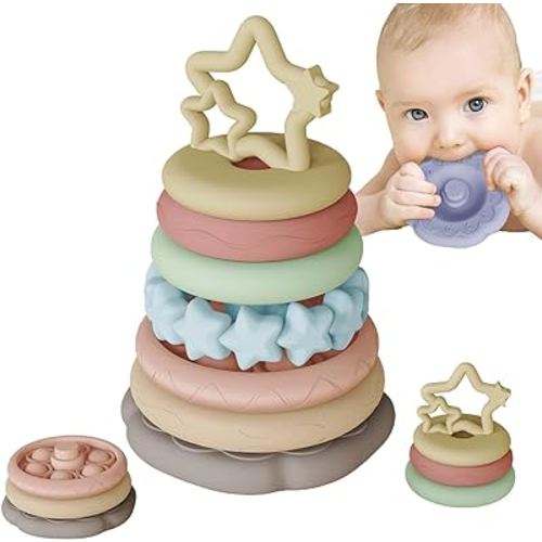 Sensory Baby Teething Toys, Stacking Rings Toys for 1 2 One Year Old, 7 Piece Teether Set Baby Girl Boys Shower Gifts, Newborn Essentials for 6-12-18 Months, Infant Developmental Montessori Toys