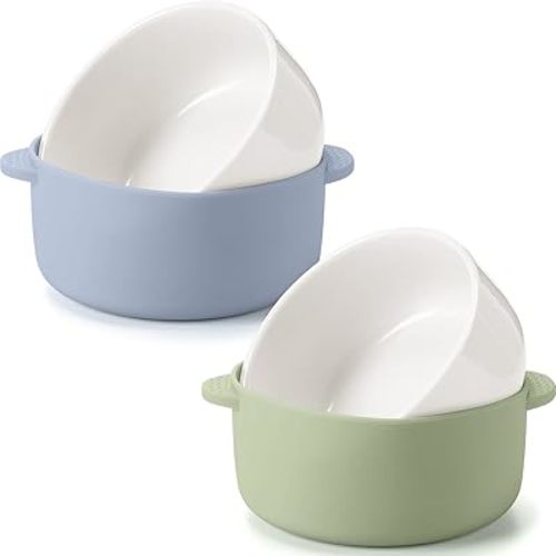 Domensi 2 Sets Kids Porcelain Bowls with Removable Silicone Sleeve 2-in-1 Porcelain Toddler Bowls Microwave Dishwasher Safe Cereal Snack Soup Dishes for Baby Children Feeding Supplies (Green Blue)