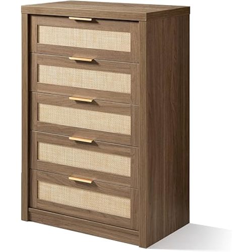 5 Drawer Dresser, Rattan Dresser for Bedroom with 5 Storage Drawers, Tall Dresser Chest of Drawers for Closet Bedside, Living Room Hallway, Special Walnut