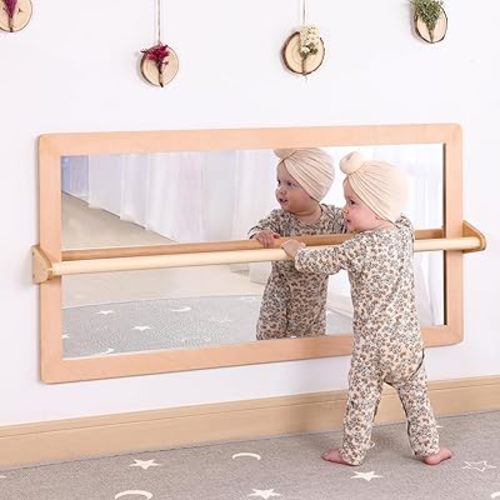 3-Position Montessori Shatterproof Safety Baby Mirror w/Pull Up Handrail, Infant Coordination Mirror Set, Kid's Classroom Furniture for Nursery, Daycare, Homeschool or Preschool (Natural Pura)