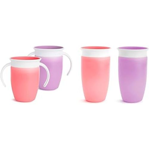 Munchkin® Miracle® 360 Trainer Sippy Cup with Handles, Spill Proof, 7 Ounce, 2 Pack, Pink/Purple & Miracle® 360 Toddler Sippy Cup, Spill Proof, 10 Ounce, 2 Pack, Pink/Purple