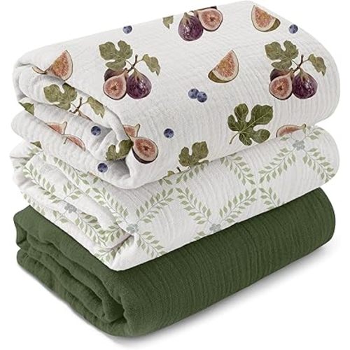GLLQUEN BABY Muslin Swaddle Blankets for Newborns, 3-Pack Cotton Receiving Blankets for Boys and Girls, Large 40 x 38 Baby Essentials Swaddle Wrap Burping Clothes, Unisex, Gift, Green