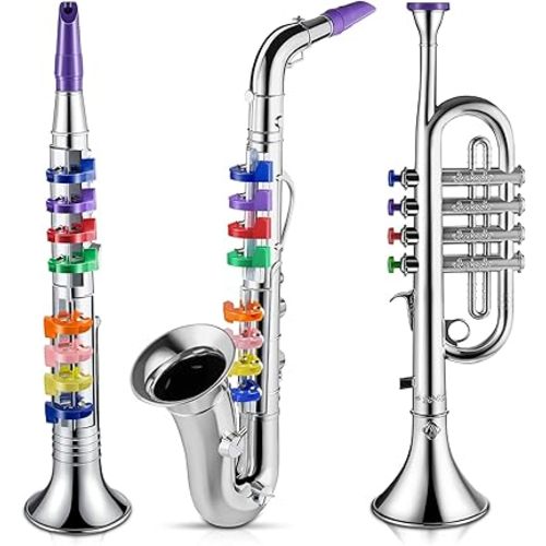 Lewtemi Set of 3 Saxophone for Kids Musical Instruments Toy Saxophone Toy Trumpet and Clarinet with 8 Colored Coded Keys Teaching Songs Gifts for Toddlers Children(Silver)