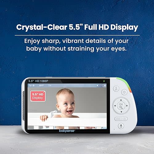 Babysense Full HD 5.5" Split Screen Baby Monitor with Camera and Audio, 6-Color Night Light, White Noise, Sound & Light Machine, 20-Hour Battery, Hack-Proof Non-WiFi Secure Connection