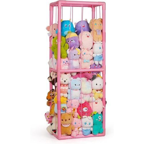Trycooling Stuffed Animal Storage Zoo Stuffed Animal Holder Space Save Vertical Stuffed Animals Storage PVC with Elastic Band and Net for Playroom Bedroom Nursery (Pink 1)