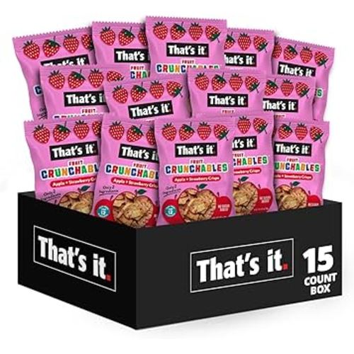 That’s it. Fruit Crunchables Apple + Strawberry Crisps, 15-Pack – 100% Real Fruit Snacks for Kids, Plant-Based, Non-GMO, Gluten-Free, No Sugar Added, Allergen-Free, Healthy Lunchbox Snack