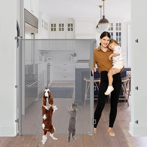 60" Extra Tall Cat Gate for Doorway - No Jumping Over, 55" Wide Retractable Baby Gates Tall Retractable Dog Gate Outdoor Baby Gates for Decks, Indoor 5ft Extra Tall Baby Gate for Stairs/Doorways, Gray