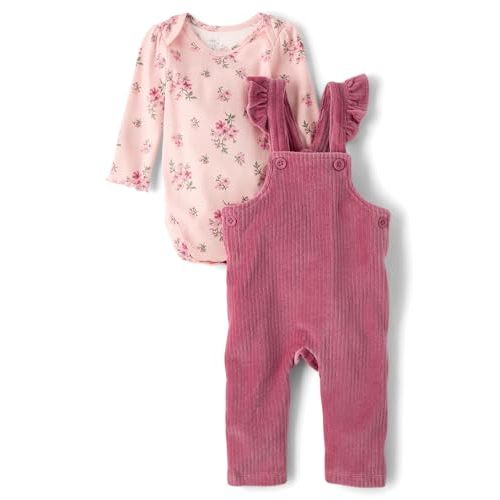 The Children's Place Baby Girls' And Newborn Long Sleeve Body Suit and Overalls, 2 Piece Outfit