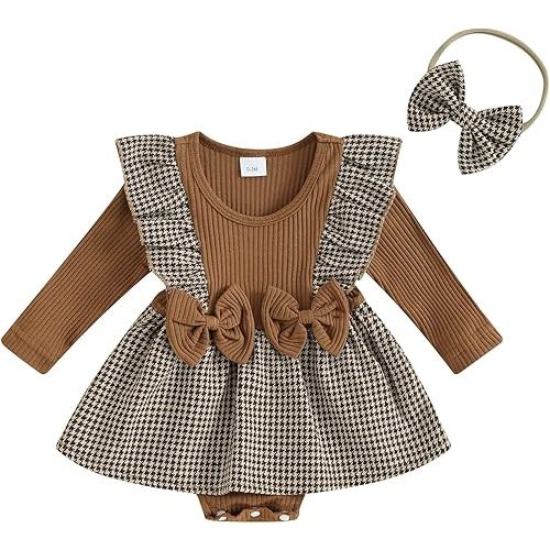 Newborn Baby Girl Fall Winter Outfit Set Plaid Romper Dress Ruffles Long Sleeve Clothes Jumpsuit with Bow Headband
