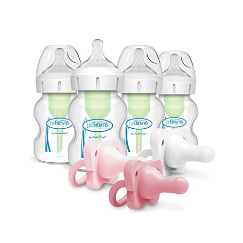 Dr. Brown’s Natural Flow® Anti-Colic Options+™ Wide-Neck Baby Bottle, 5 oz/150 mL, Level 1 Nipple, 4-Pack, 0m+ with HappyPaci 100% Silicone Pacifier 0-6m, BPA Free, White, Pink, Light Pink, 3 Pack