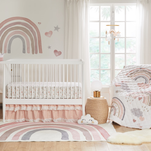 Levtex Baby - Over The Rainbow Baby Bed Set - Pink, Grey, Taupe, Tan and Coral - 4 Piece Set Includes Quilt (42in.x57in.), 2 Fitted Sheets (28in.x52in.) and Bed Skirt (28x52x16in.)