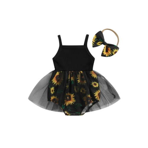 Bagilaanoe Newborn Baby Girl Summer Rompers Dress Sunflower Print Sleeveless Bodysuits + Headband 3M 6M 9M 12M 18M Infant Tulle Patchwork A-line Dresses