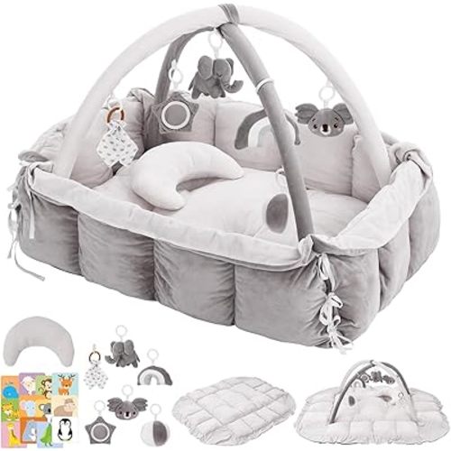 5-in-1 Baby Play Gym and Tummy Time Mat, Tummy Time Pillow & 12 Learning Cards, Plush Activity Mat with 6 Toys, Baby Gym, Convertible to Ball Pit, Baby Gift, Grey