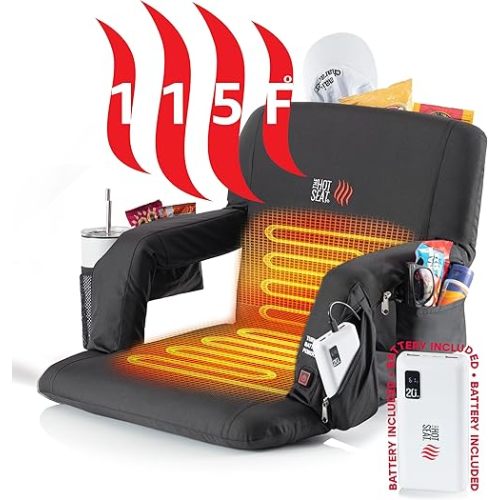 POP The Original Hot Seat, Dual Heat Stadium Chair with Back Support, Heats Seat and Back, 3 Heat Levels, 5 Pockets, 6 Reclining Positions, for Outdoor Sport Events, USB Battery Pack Included