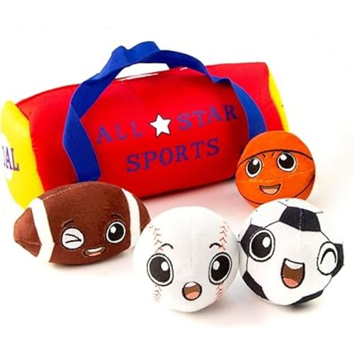 BABY K My First Sports Bag for Baby with 4 Plush Sports Balls - Rattle Balls for Baby with Soft Football, Basketball, Baseball, Tennis Ball & Soccer Ball for 1 Year Old Toys - Baby Toys for Toddler