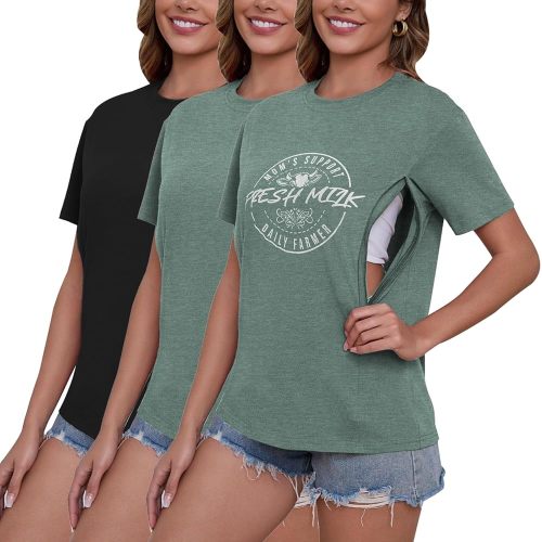 Ecavus Women's 3-Pack Nursing Shirts for Breastfeeding with Hidden Zippers Loose Fit Maternity Tops