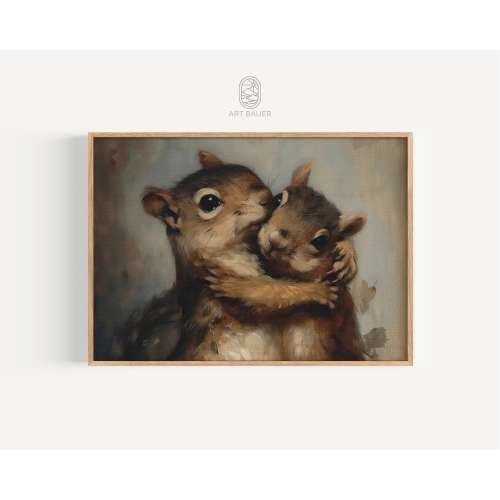 Woodland Embrace | Squirrel Friends Oil Painting, Woodland Art, Wall Art, Cabin Decor, Animal Art, Gift for Animal Lover | Gallery Print