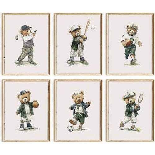 Teddy Bear Nursery Wall Art Sage Green Baby Boy Canvas Wall Decor Vintage Sports Nursery Prints Teddy Bear Pictures Golf Painting Kids Sports Artwork for Toddler Bedroom 12x16 Inch Unframed Set of 6