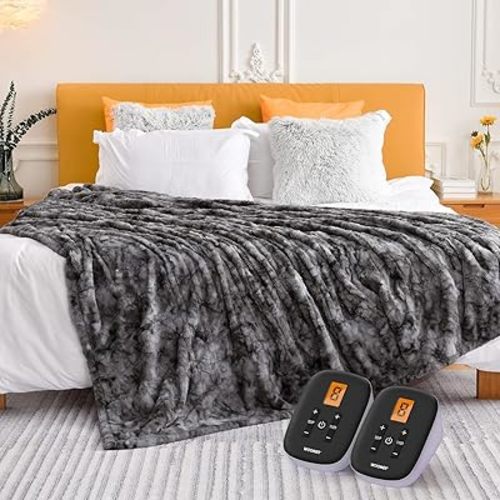 WOOMER Heated Blanket King Size Electric Blanket 90"x 100", Faux Fur Fast Heating, 10 Heating Levels & 0.5-12H Auto Off, Dual Control, Over-Heat Protection, ETL Certification