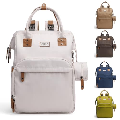 AIITA Diaper Bag Backpack, Multifunction Diaper Bag with Changing Station, Stylish Baby Bags, Large Unisex Diaper Backpack for Mom and Dad, Baby Registry Search, Portable Changing Pad – White Beige