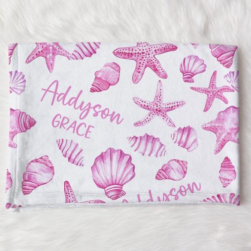 Personalized Pink Shells Swaddle Blanket For Baby Shower, Custom Starfish Newborn Baby Girl Gift, Toddler Name Blanket, Coming Home Outfit