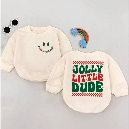 Jolly Little Dude Romper Sweatshirt, Christmas Baby Outfit, Toddler Holiday Pullover, Cute Retro Baby Bodysuit, Festive Kids Clothing
