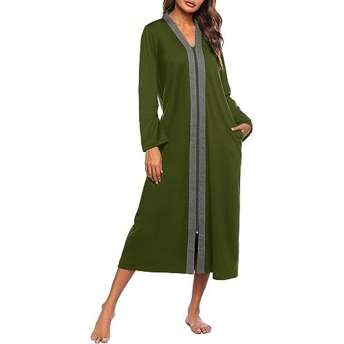 Ekouaer Women Zipper Robe Long Sleeve Loungewear Lightweight Housecoat Full Length Nightgown with Pockets