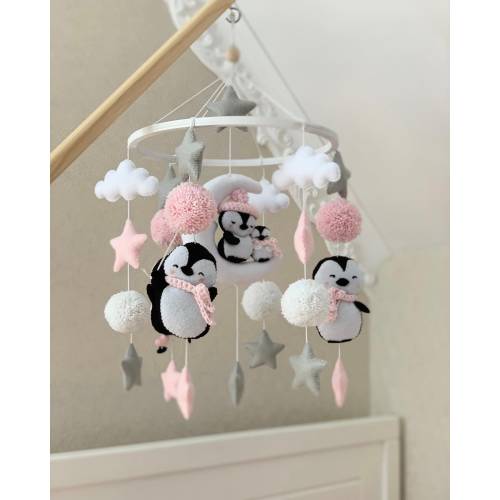 baby mobile girl penguins, crib mobile, penguin gift, baby girl nursery, baby shower gift
