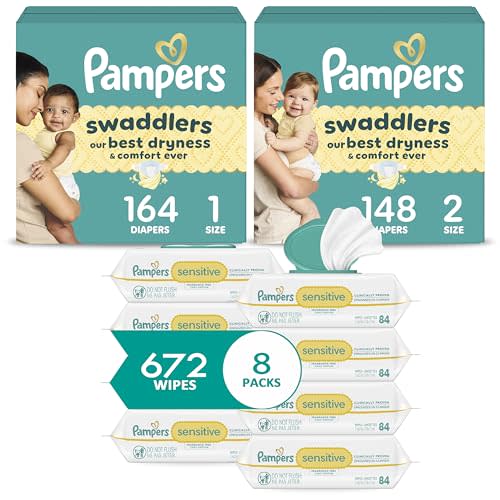 Pampers Baby Diapers and Wipes Starter Kit, Swaddlers Disposable Baby Diapers Sizes 1 (164 Count) & 2 (148 Count) with Sensitive Water Based Baby Wipes 8X Pack Pop-Top (672 Count)