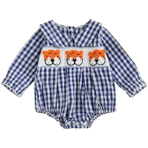 Baby Boy Girl Football Outfit Tiger Embroidered Doll Collar Long Sleeve Smocked Plaid Bubble Romper Fall T-shirt