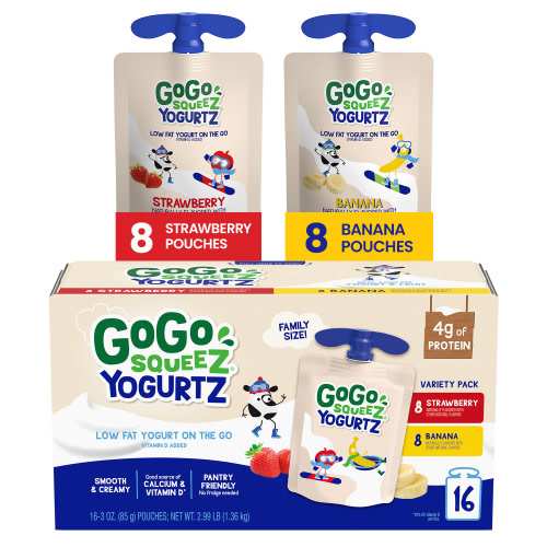 GoGo squeeZ yogurtZ Strawberry and Banana Snack Pouches, 3 oz, 16 Pack