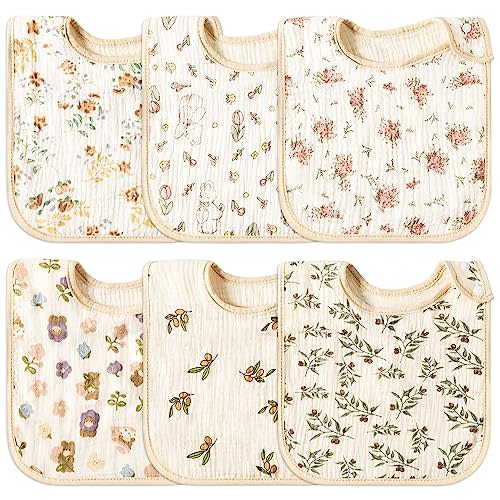 Zainpe 6Pcs Snap Muslin Cotton Baby Bibs Soft & Absorbent Burp Cloths for Newborns Drooling Feeding