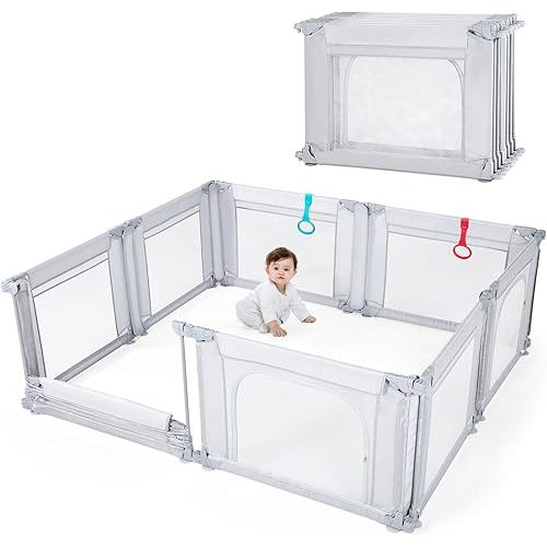 Doradotey Baby Playpen, Shape &Size Adjustable Large Baby Playard for Babies and Toddlers, Foldable Playpen Baby Fence Indoors Play Center Yards, Breathable Mesh Anti-Fall Play Pen 79x71, Light Grey
