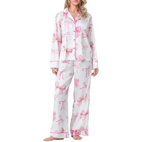 Women Floral Pajamas Lounge Set Y2k Long Sleeve Button Down Shirts Wide Leg Pants Fall Pjs Matching Sets Nightwear