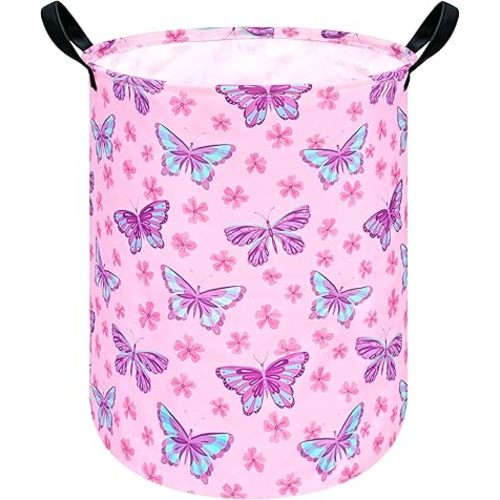 19.7 Inch Baby Laundry Basket Girls Laundry Hamper Storage Basket Fabric Material Organization Basket, Storage Bin, Toy Box,Gift Basket with Handles for Room (Butterfly)