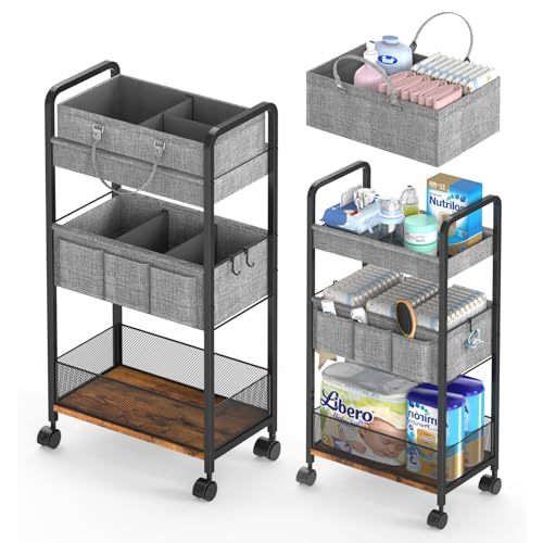 LIDTOP 2In1 Baby Diaper Caddy & 3-Tier Rolling Diaper Cart, Diaper Caddy Organizer Cart with Dividers, Mobile Metal Utility Cart for Nursery Essentials, Detachable Bedside Cart, Large Capacity