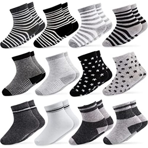 CUBACO Baby Socks, 12 Pairs Non Skid Anti Slip Cotton Grip Socks for Toddler Baby Kids Socks