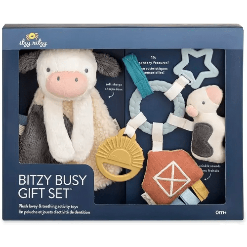 Itzy Ritzy Farm Toy Gift Set - Includes Cow Lovey & Farm-Themed Busy Ring Car Seat and Stroller Toy - Features Crinkle Sounds, Engaging Textures & Silicone Teething Relief (Farm)