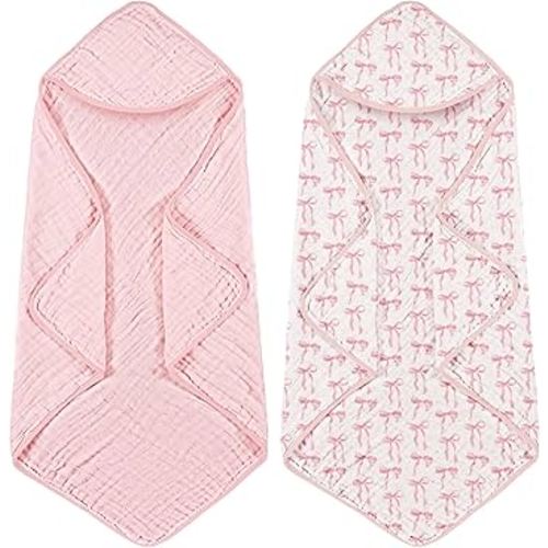 2 Pack Pink Bow Baby Towels for Newborn 100% Muslin Cotton Baby Bath Towel with Hood for Babies, Infant, Toddler and Kids, Large 32x32inch, Soft and Absorbent Kids Essential