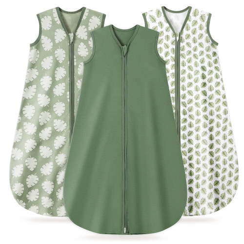 Baby Sleep Sack 0-6 Months, 100% Organic Cotton Wearable Blanket for Babies, 2-Way Zipper TOG 0.5 Lightweight Breathable Baby Sleeping Bag, 4 Sizes-S Leaf&Green